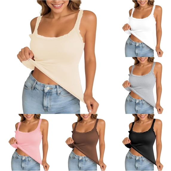 Gyujnb Women Lace Trim Cami Tank Top, Built‑in Pads Sleeveless Slim Fit Camisole, Anti‑Side‑Boob Daily Layering Tops for Outerwear & Inner Wear,Beige