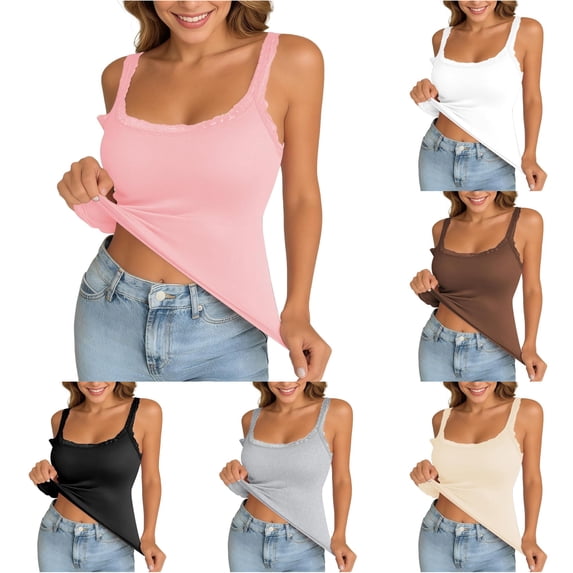 Gyujnb Women Lace Trim Cami Tank Top, Built‑in Pads Sleeveless Slim Fit Camisole, Anti‑Side‑Boob Daily Layering Tops for Outerwear & Inner Wear,Pink