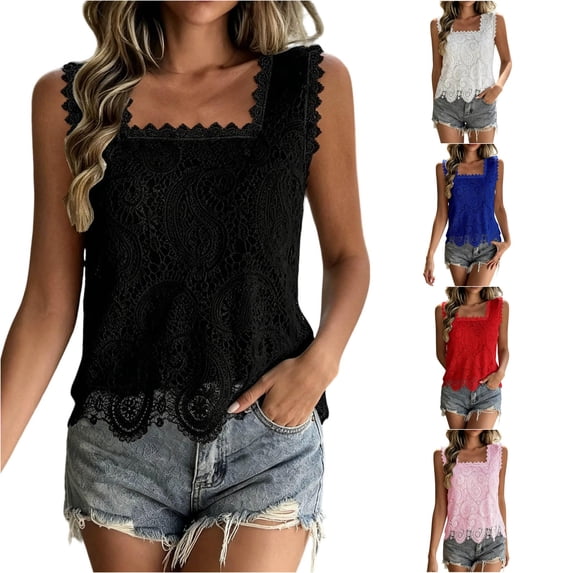 Gyujnb Women Square Neck Lace Tank Top, Sleeveless Hollow Out Scalloped Hem Casual Layering Blouse,Black