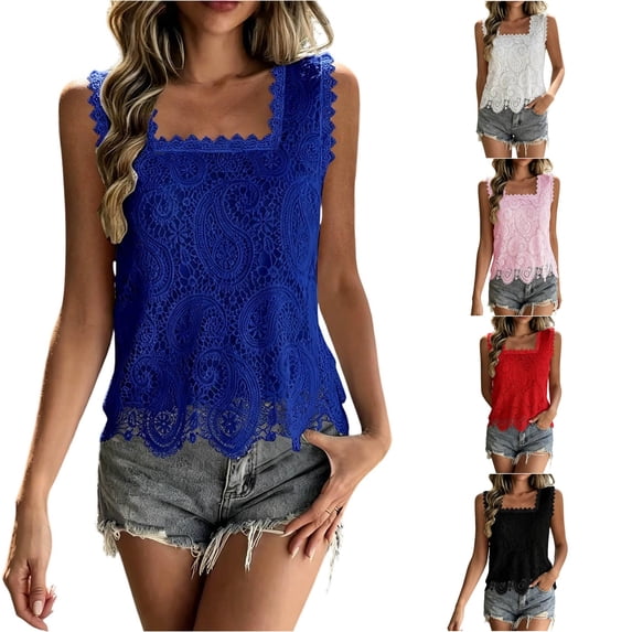 Gyujnb Women Square Neck Lace Tank Top, Sleeveless Hollow Out Scalloped Hem Casual Layering Blouse,Blue