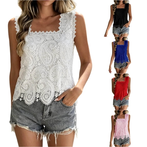Gyujnb Women Square Neck Lace Tank Top, Sleeveless Hollow Out Scalloped Hem Casual Layering Blouse,White