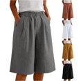 thumbnail image 1 of Gyujnb Women Summer Cotton Linen Bermuda Shorts Elastic Waist Pleated Loose Knee‑Length Shorts with Side Pockets,Grey, 1 of 5