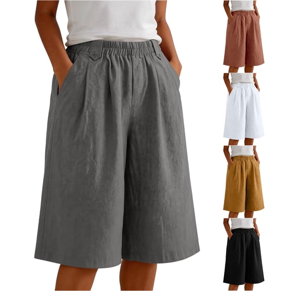 Gyujnb Women Summer Cotton Linen Bermuda Shorts Elastic Waist Pleated Loose Knee‑Length Shorts with Side Pockets,Grey