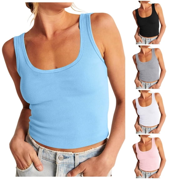 Gyujnb Women U‑Neck Ribbed Sleeveless Tank Top, Slim Fit Basic Casual Layering Cami Vest,Blue