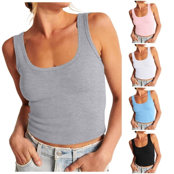 Gyujnb Women U‑Neck Ribbed Sleeveless Tank Top, Slim Fit Basic Casual Layering Cami Vest,Grey