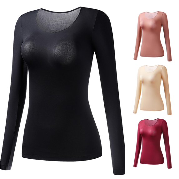 Gyujnb Women Ultra‑Thin Thermal Long Sleeve Top, Heat Retention Seamless Base Layer Slim Fit Undershirt for Fall Winter,Black
