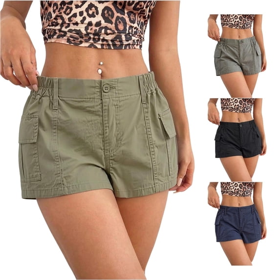 Gyujnb Women Washed Cotton Cargo Shorts Elastic High Waist Multi‑Pocket Casual Outdoor Sports Shorts,Army Green