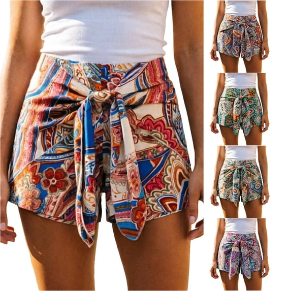 Gyujnb Women's Boho Printed Shorts, Front Tie Knot High Waist Casual Summer Beach Shorts,Blue