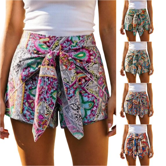 Gyujnb Women's Boho Printed Shorts, Front Tie Knot High Waist Casual Summer Beach Shorts,Purple