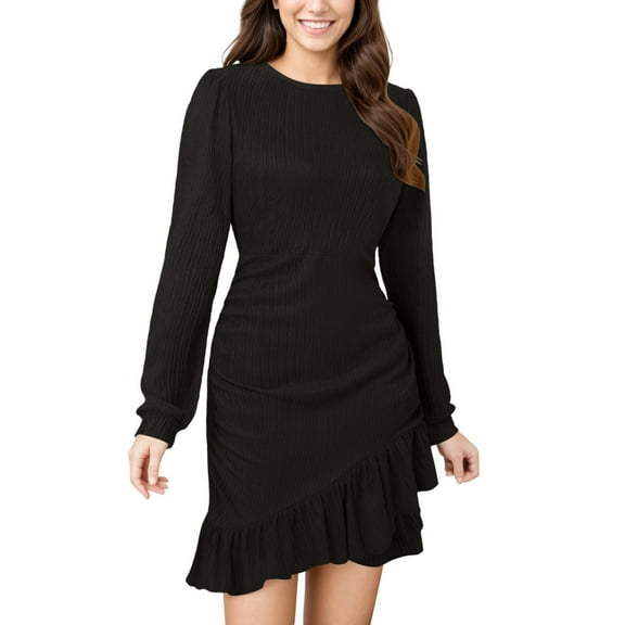 Gyujnb Women's Casual Dress Flowy Design Waist Defining Ruffle Hem Round Neck Long Sleeve Everyday Outing Midi Dress,Size:XXL