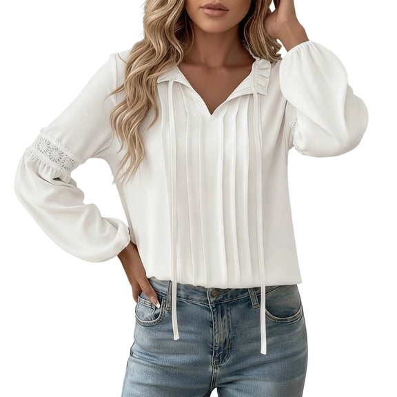 Gyujnb Women's Elegant Fall Casual Shirt Tie Neck V-Neck Pleated Detail Blouse Soft Comfortable Versatile Timeless Wardrobe,Size:M