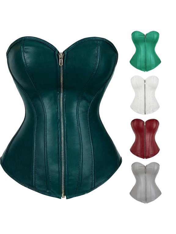 Gyujnb Women's Leather Overbust Corset Front Zipper Boned Waist Trainer Halloween Bustier Top,S