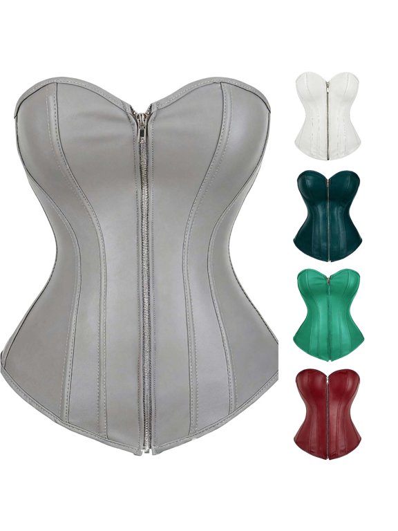 Gyujnb Women's Leather Overbust Corset Front Zipper Boned Waist Trainer Halloween Bustier Top,S