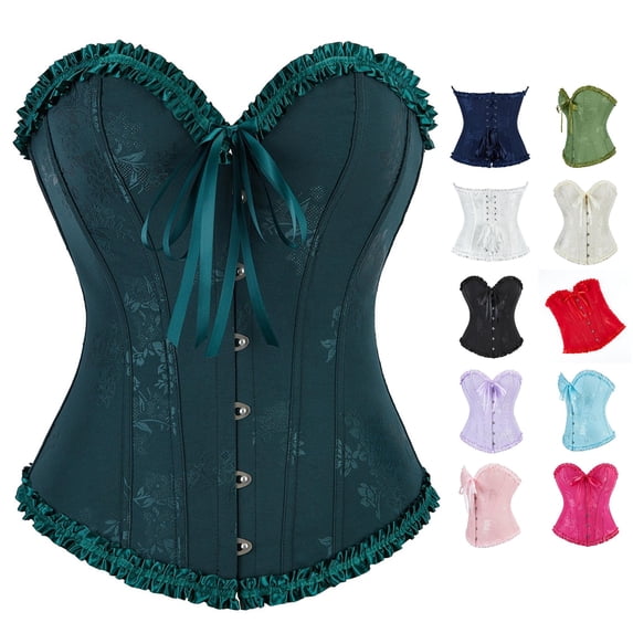 Gyujnb Women's Floral Jacquard Strapless Ruffle Overbust Corset Boned Push Up Waist Cincher Fairy Princess Halloween Costume Bustier Top,M