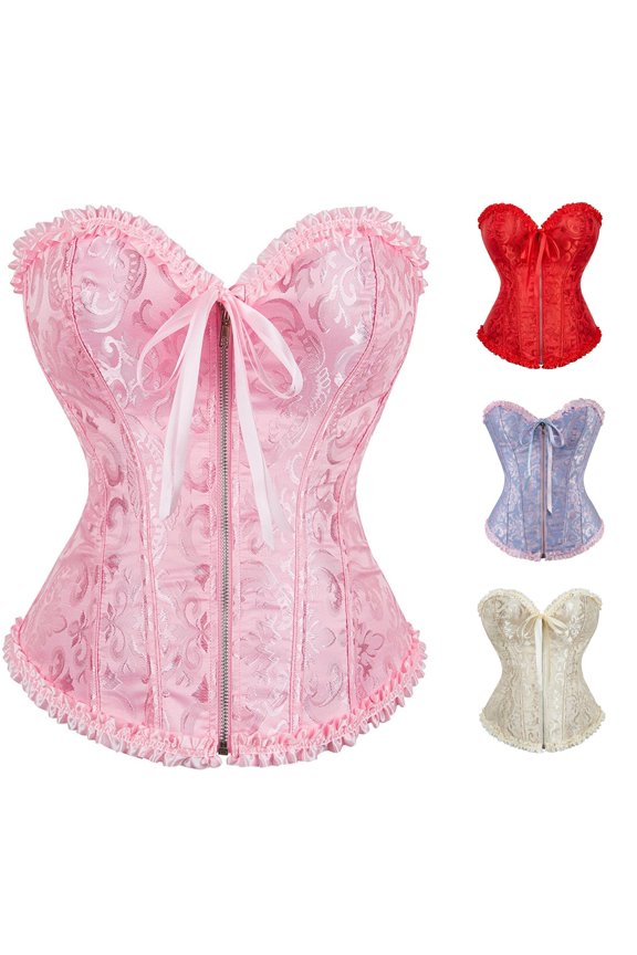 Gyujnb Women's Floral Jacquard Strapless Ruffle Overbust Corset Zip Front Boned Vintage Bridal Gothic Fairy Halloween Plus Size Bustier Top,L