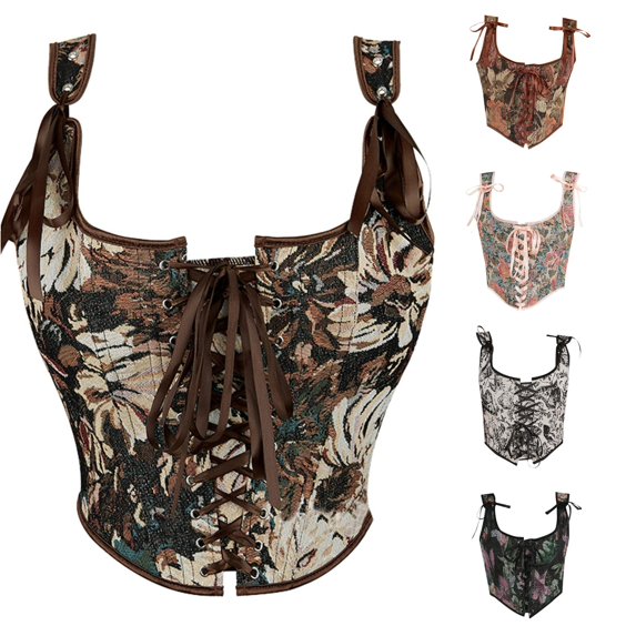 Gyujnb Women's Floral Tapestry Corset Vest Front Lace Up French Vintage Waist Cincher Halloween Layering Top Halloween Costume Bustier Top,M
