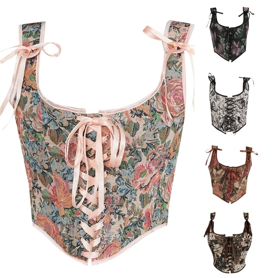 Gyujnb Women's Floral Tapestry Corset Vest Front Lace Up French Vintage Waist Cincher Halloween Layering Top Halloween Costume Bustier Top,M