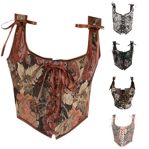 Gyujnb Women's Floral Tapestry Corset Vest Front Lace Up French Vintage Waist Cincher Halloween Layering Top Halloween Costume Bustier Top,XL