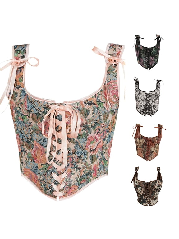 Gyujnb Women's Floral Tapestry Corset Vest Front Lace Up French Vintage Waist Cincher Halloween Layering Top Halloween Costume Bustier Top,XL