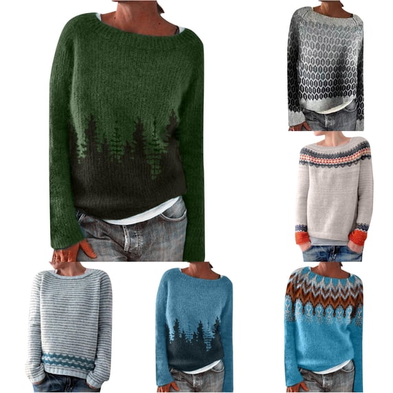 Gyujnb Women's Forest Pattern Sweater Crew Neck Long Sleeve Nature Graphic Knit Pullover Top Outdoor Inspired Jumper for Fall Winter,Size:L