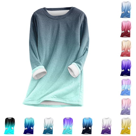 Gyujnb Women's Gradient Print Crew Neck Thermal Top, Lined Long Sleeve Casual Warm Layering Shirt for Fall Winter,#2 Navy