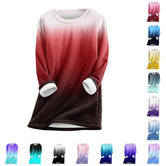 Gyujnb Women's Gradient Print Crew Neck Thermal Top, Lined Long Sleeve Casual Warm Layering Shirt for Fall Winter,#2 Red