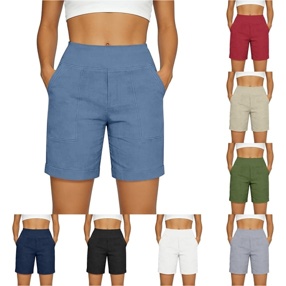 Gyujnb Women's High Waist Linen Blend Shorts, Casual Bermuda Shorts with Large Side Pockets,Blue