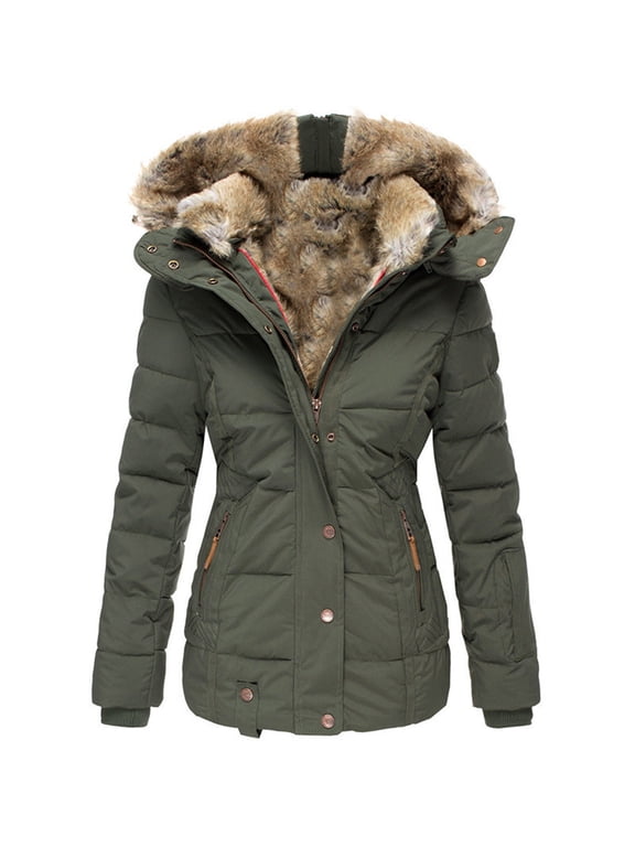 Gyujnb Women's Hooded Puffer Jacket Fur Trim Quilted Winter Coat Warm Lined Parka Windproof Outerwear with Pockets for Cold Weather Outdoor,Size:L