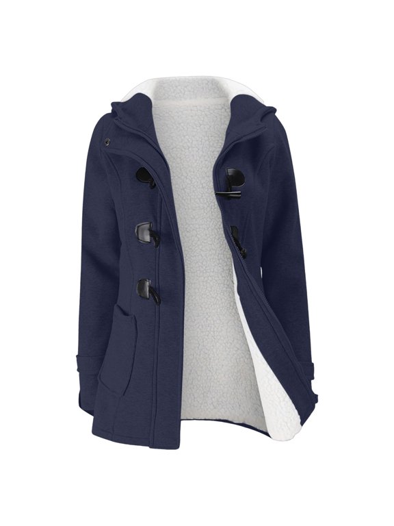 Gyujnb Women's Hooded Wool Blend Coat Horn Button Toggle Front Thick Warm Winter Jacket Classic Outerwear with Pockets for Cold Weather,Size:XXL