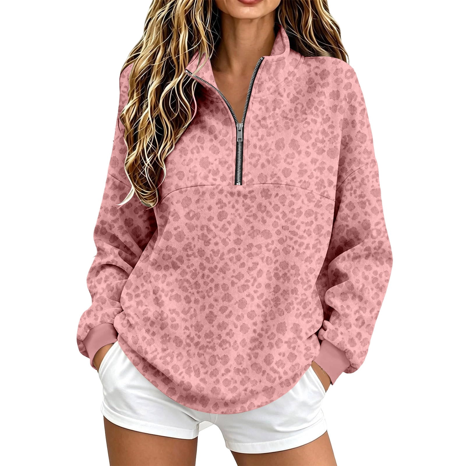 4405 Postcode Gyujnb Women's Leopard Print Quarter Zip Sweatshirt Stand Collar Long ...
