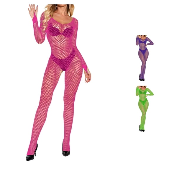 Gyujnb Women's Long Sleeve Fishnet Bodystocking with Open Crotch Sheer for Daily Wear
