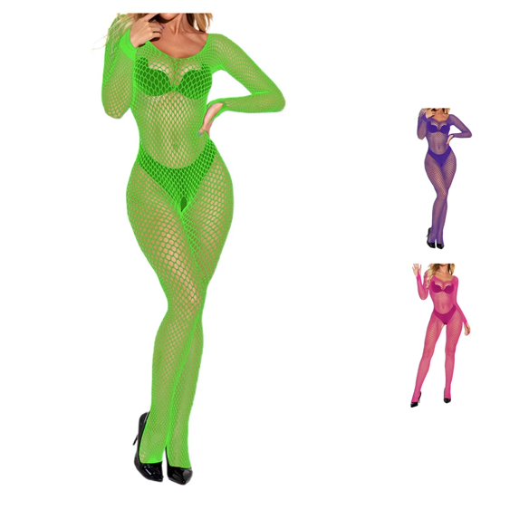 Gyujnb Women's Long Sleeve Fishnet Bodystocking with Open Crotch Sheer for Daily Wear