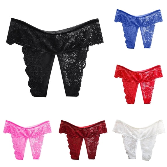 Gyujnb Women's Low Rise Lace Panties, Open Crotch Plus Size Sheer Floral Briefs,Black