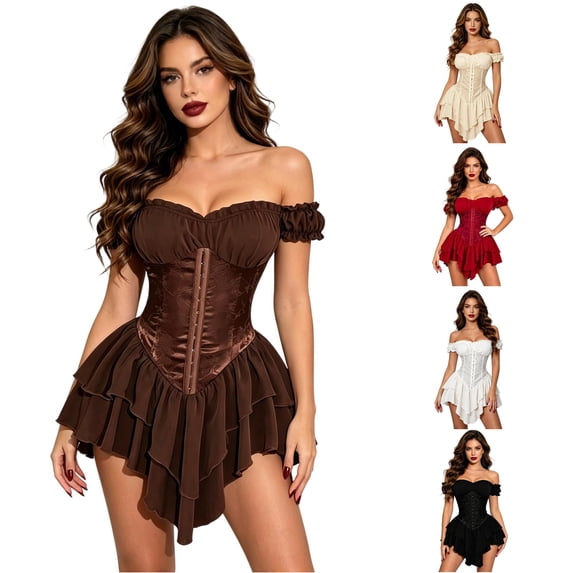 Gyujnb Women's Off Shoulder Ruffle Layered Corset Dress Floral Jacquard Boned Waist Shaping Fairy Halloween Costume Flowy Irregular Hem Mini Dress,L