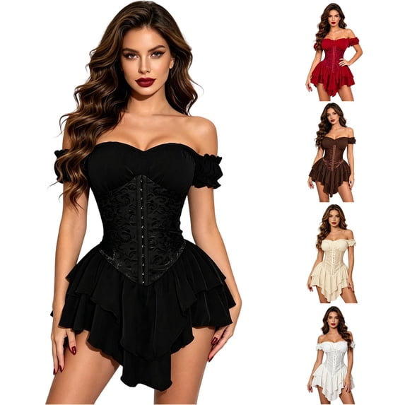 Gyujnb Women's Off Shoulder Ruffle Layered Corset Dress Floral Jacquard Boned Waist Shaping Fairy Halloween Costume Flowy Irregular Hem Mini Dress,S