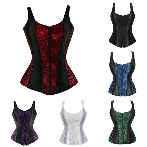 Gyujnb Women's Satin Lace Panel Double Strap Zip Front Boned Corset Waist Cincher Gothic Witch Halloween Elegant Comfort Shapewear Bustier Top,5XL