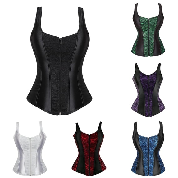 Gyujnb Women's Satin Lace Panel Double Strap Zip Front Boned Corset Waist Cincher Gothic Witch Halloween Elegant Comfort Shapewear Bustier Top,M