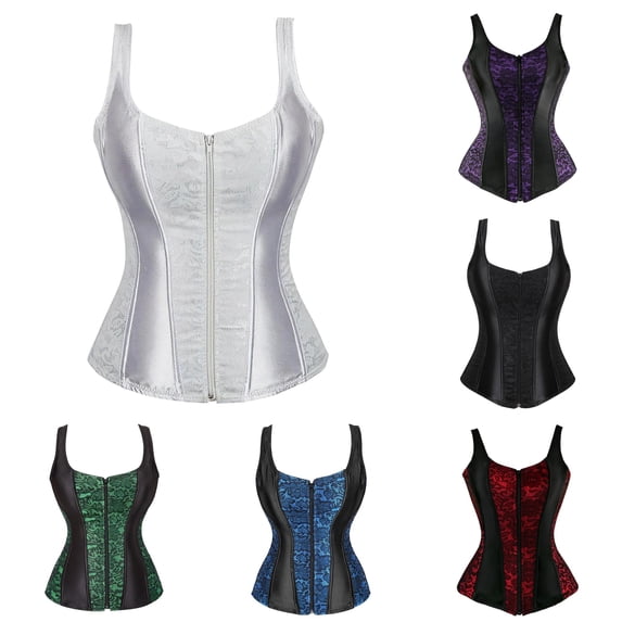 Gyujnb Women's Satin Lace Panel Double Strap Zip Front Boned Corset Waist Cincher Gothic Witch Halloween Elegant Comfort Shapewear Bustier Top,S