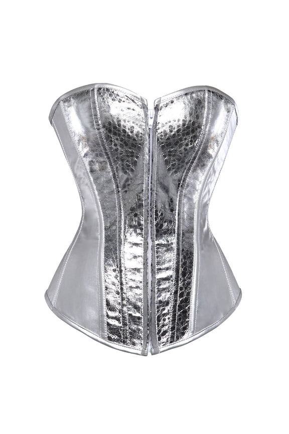 Gyujnb Women's Shiny Metallic Overbust Corset Front Zipper Boned Waist Cincher Halloween Costume Bustier Top,L