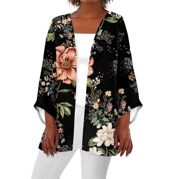 Gyujnb Women's Short Sleeve Chiffon Cardigan Top Open Front Floral Print Loose Fit Beach Cover Up Spring Summer Swimsuit Cover Up Resort,Size:M