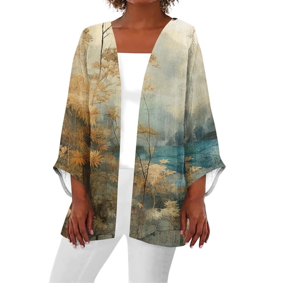 Gyujnb Women's Short Sleeve Chiffon Cardigan Top Open Front Floral Print Loose Fit Beach Cover Up Spring Summer Swimsuit Cover Up Resort,Size:S