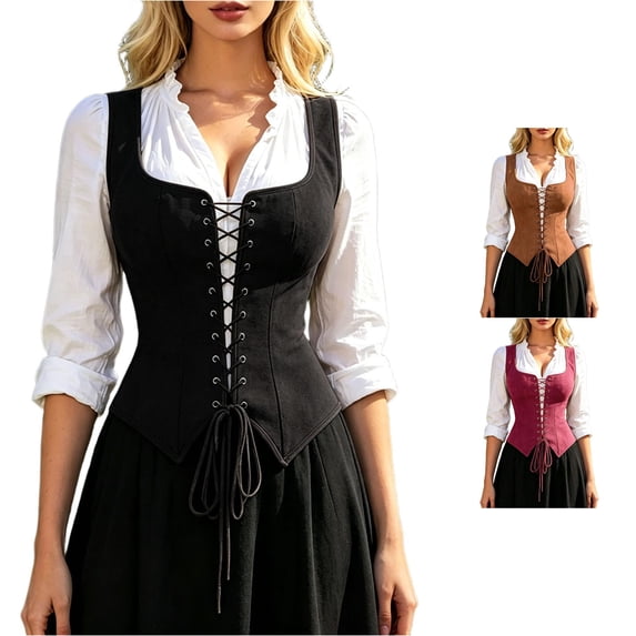 Gyujnb Women's Sleeveless Square Neck Lace Up Front Corset Vest Boned Waist Cincher Renaissance Pirate Halloween Costume Daily Comfort Shaping Top,S