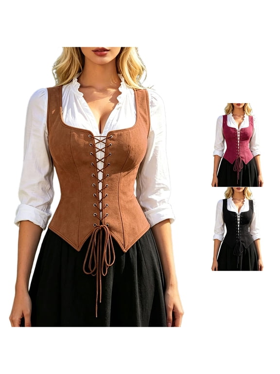 Gyujnb Women's Sleeveless Square Neck Lace Up Front Corset Vest Boned Waist Cincher Renaissance Pirate Halloween Costume Daily Comfort Shaping Top,XL