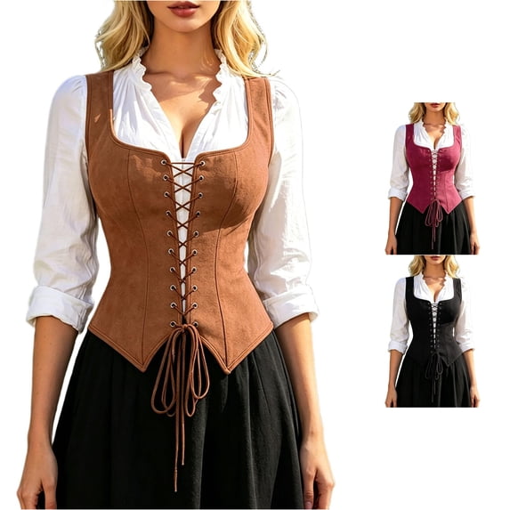 Gyujnb Women's Sleeveless Square Neck Lace Up Front Corset Vest Boned Waist Cincher Renaissance Pirate Halloween Costume Daily Comfort Shaping Top,XS