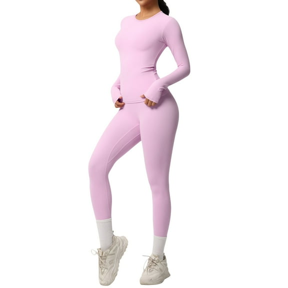 Gyujnb Women's Solid Color Breathable Yoga Set Long Sleeve Top & High Waist Pants Workout Running Gym Activewear,Size:S