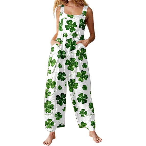 Gyujnb Women's St. Patrick's Day Overalls - White Green Glitter Shamrock Print Pocketed Wide Leg Jumpsuit for Irish Festival,5XL