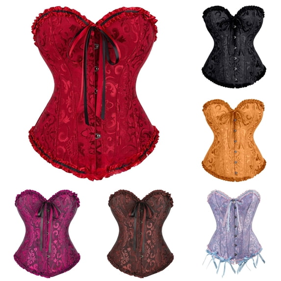 Gyujnb Women's Strapless Floral Jacquard Overbust Corset Ruffle Boned Waist Cincher Gothic Witch Halloween Bustier Top,L