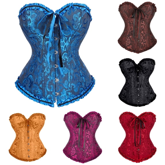 Gyujnb Women's Strapless Floral Jacquard Overbust Corset Ruffle Boned Waist Cincher Gothic Witch Halloween Bustier Top,S