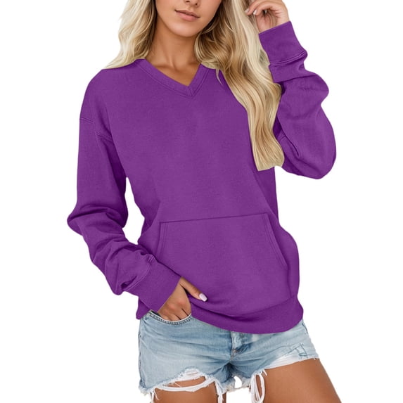 Gyujnb Women's V-Neck Lined Sweatshirt Oversized Crewneck Pocket Pullover Soft Cozy Y2K Athletic Casual Loungewear,Size:XL