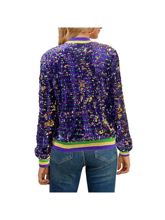 Gyujnb Womens Plus Size Sequin Baseball Jacket Long Sleeve Glitter Coat Shiny Lapel Outerwear for Party and Rave Wear Events